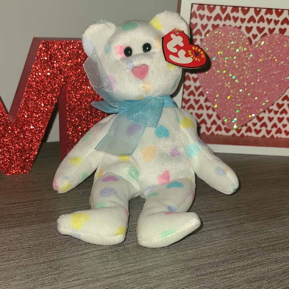 Ty KISSME Beanie Babies Bear with Colorful Hearts